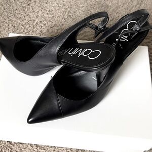 Pre Owned Calvin Klein Sling Back Heels Black Leather Size 8.5 in Box
